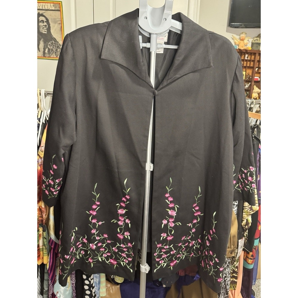 Vintage Victor Costa Womens Black‎ w/ Embroidered Pink Flowers Nehru Jacket 2xl